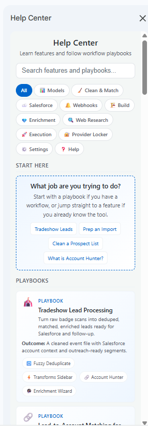 Help Center — searchable feature index with workflow playbooks