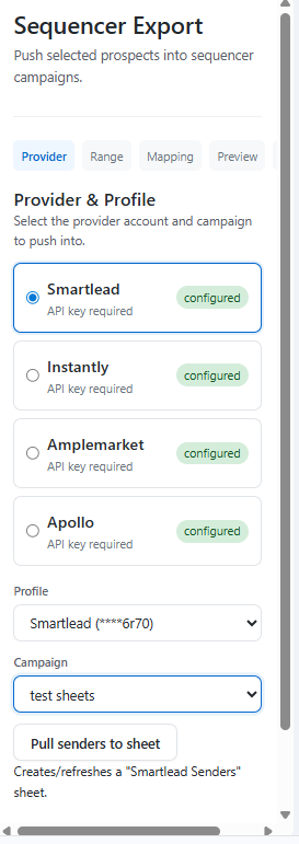 Sequencer Export — push to Smartlead, Instantly, Amplemarket, Apollo