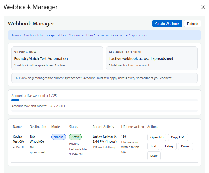 Webhook Manager — JSON payloads land directly in Sheet tabs